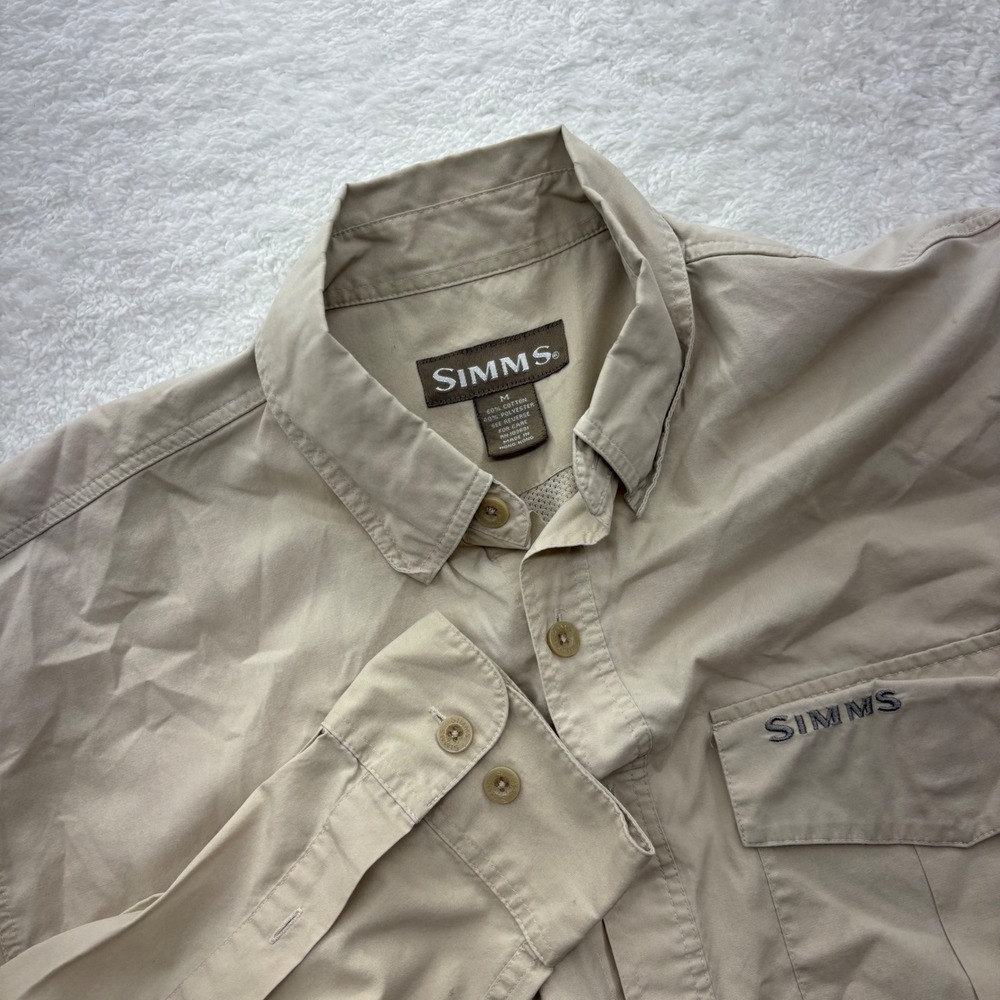 Simms Mens Long Sleeve Fishing Shirt Tan Khaki Button Up Ventilated Size M